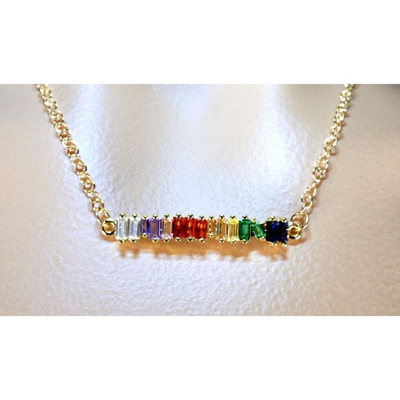Rainbow Bar Baguette Necklace Gold Plated Citrine Kyanite PRIDE - Picture 2 of 6